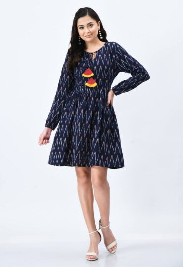 full sleeves teen Short Flare Dress by Abravi handloom cotton ikath dress