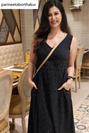 Zee Tv actress wearing Abravi's black ikat handloom dress with two pcokets.