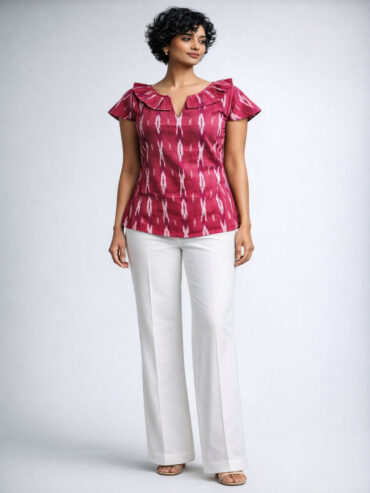 Indian Women model wearing 100% Cotton Ikat Handloom top with white pants in studio setting.