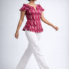 Women’s burgundy Ikat Handloom cotton top with ruffled neckline and tailored fit by Abravi India clothing brand
