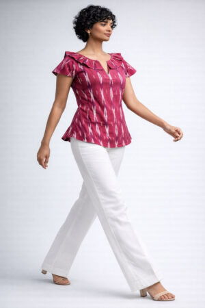 Women’s burgundy Ikat Handloom cotton top with ruffled neckline and tailored fit by Abravi India clothing brand