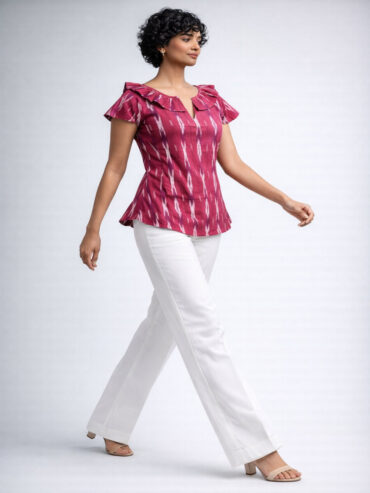 Women’s burgundy Ikat Handloom cotton top with ruffled neckline and tailored fit by Abravi India clothing brand