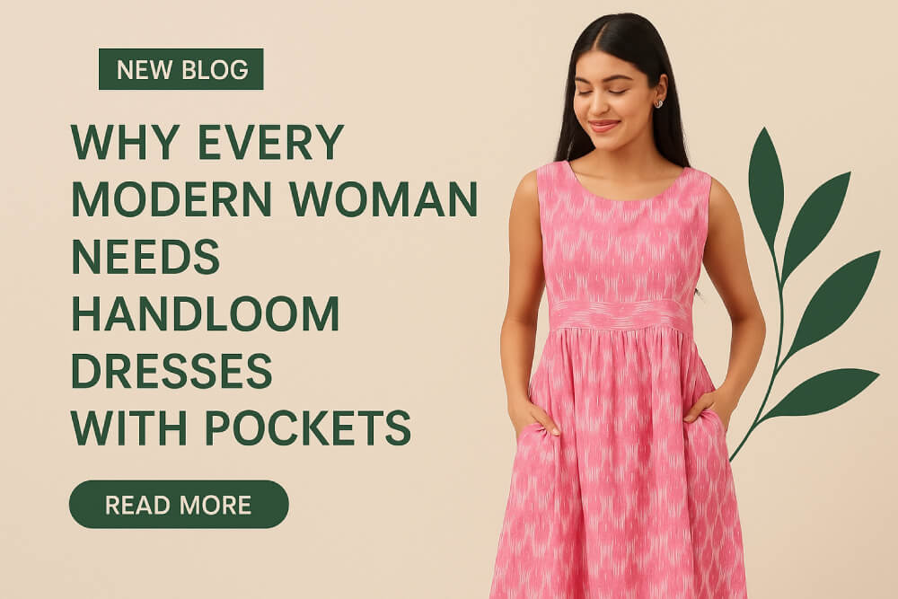 Young woman in an Ikat cotton dress with pockets, posing confidently outdoors — sustainable fashion by Abravi, handmade Indian handloom clothing for modern women.