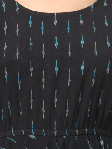 Charcoal Black Ikat handloom cotton hi-low dress for women and girls with puff sleeves and huge flare