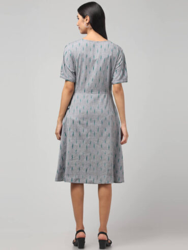 Coin grey Ikkat cotton wrap dress for women with adjustable waist tie and pockets by Abravi.
