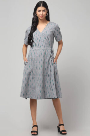 Abravi boho Pochampally Ikat handloom wrap dress with V-neckline, short sleeves, and flared hem.
