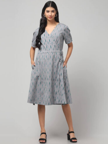 Abravi boho Pochampally Ikat handloom wrap dress with V-neckline, short sleeves, and flared hem.