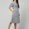 Handloom grey Ikat wrap dress featuring V-neck, tie-up waist, and roomy pockets by Abravi.
