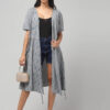 Grey ikat Cotton wrap dress with short sleeves, tie-up waist, pockets, and knee-length flare by Abravi.
