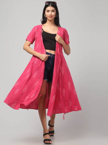 Strawberry Pink Ikat Cotton wrap dress with surplice neckline, side tie-up, and pockets for women and young girls.