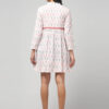Detailed back shot of Ikat handloom pattern and red zigzag embroidery on the waist of Abravi's cotton mini dress