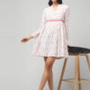 Handloom Ikat cotton mini dress with mandarin notch neckline, red embroidered waist and flared hem.