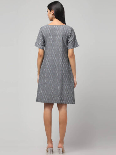 Slate Grey Pochampally Handloom cotton shift dress with Ikat pattern and functional two pockets.