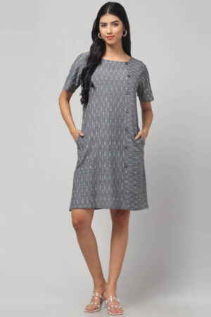 handwoven Ikat cotton casual shift dress for women and girls with relaxed fit.