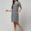 Swadeshi minimal slate grey cotton shift dress with Ikat weave and side buttons panel
