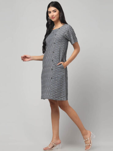 Swadeshi minimal slate grey cotton shift dress with Ikat weave and side buttons panel