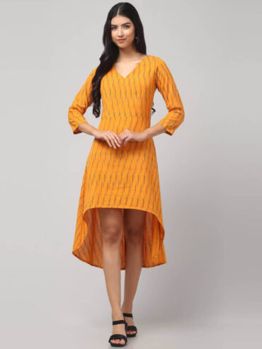 Front view of yellow Ikat handloom cotton fabric showing fine Ikat weave texture and premium craftsmanship.