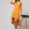 Front view of Yellow Ikat Hi-Low Dress in handloom cotton with V-neck, 3/4 sleeves, airy flare.
