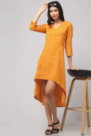Front view of Yellow Ikat Hi-Low Dress in handloom cotton with V-neck, 3/4 sleeves, airy flare.