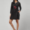 Indian women's Black Ikat Cotton dress featuring red tassels, gathered waist, and roomy pockets.