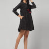 Handloom black Ikkat Flare knee length dress with full sleeves and tassel tie on neck, comfortable everyday wear for all age group women.