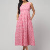 Indian model donning Ikat Handloom handmade maxi dress for women with stylish bow back - Abravi