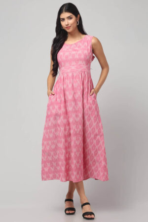 Indian model donning Ikat Handloom handmade maxi dress for women with stylish bow back - Abravi