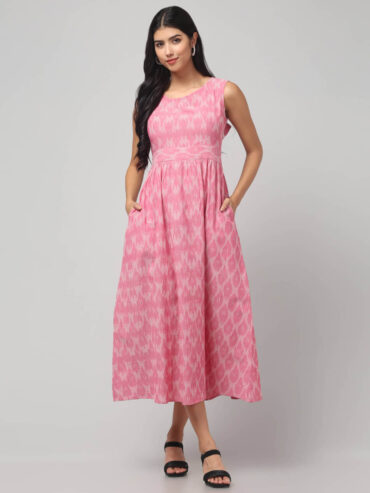 Indian model donning Ikat Handloom handmade maxi dress for women with stylish bow back - Abravi