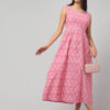 Carnation pink ikat cotton dress with bow tie-back design by Abravi for everyday chic wear.