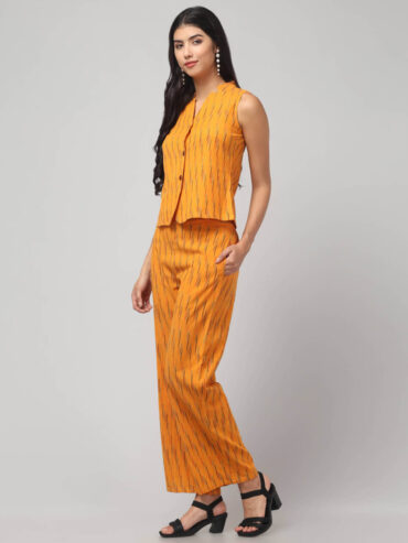 Indian female model women and gilr's festive Ikat Co-Ord set the Sunny Zest in chorme yellow by Abravi