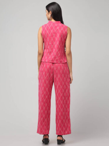 Sustainable candy floss pink pochampally Ikat cotton co-ord set for women and girls in handloom fabric.