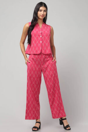 Candy Floss Pink handloom Ikat Cotton co-ord set with straight pant and sleeveless top for women and girls