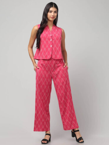 Candy Floss Pink handloom Ikat Cotton co-ord set with straight pant and sleeveless top for women and girls