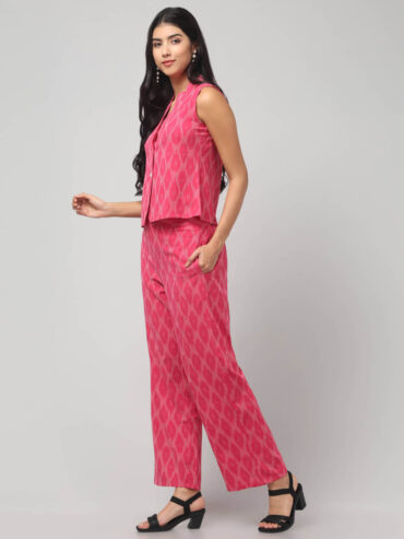 Swadeshi Handloom Pink Ikat co-ord set for women featuring cotton sleeveless top and relaxed pants.