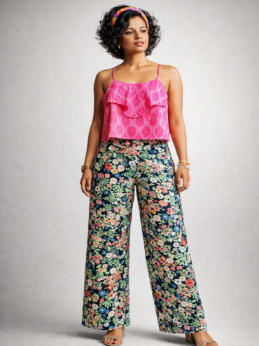 front view studio image of a pink handwoven Ikat Handloom Cotton crop top with white double Ikat pants on an Indian female model.
