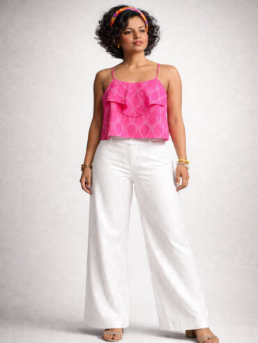Indian female model wearing a pink Ikat Handloom Cotton crop top with white pants in a minimalist studio setting.