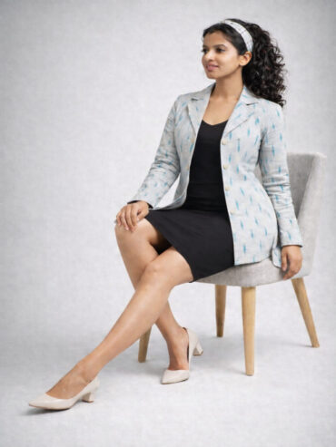 Women fashion Ikat handloom jacket crafted from Indian textiles in a modern silhouette.