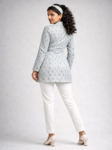 Elegant women fashion jacket in Ikat handloom using Indian textiles by Abravi India.