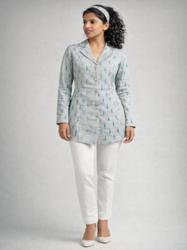 Contemporary women fashion Ikat handloom jacket crafted from sustainable Indian textiles by Abravi.