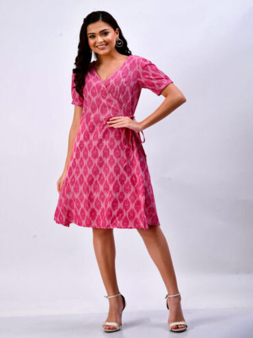 Indian handloom Ikat wrap dress for women in pink, sustainable handcrafted ethnic wear