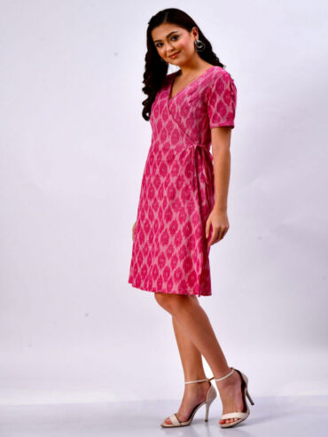 Handwoven Ikat dress for Indian women, pink wrap style sustainable fashion