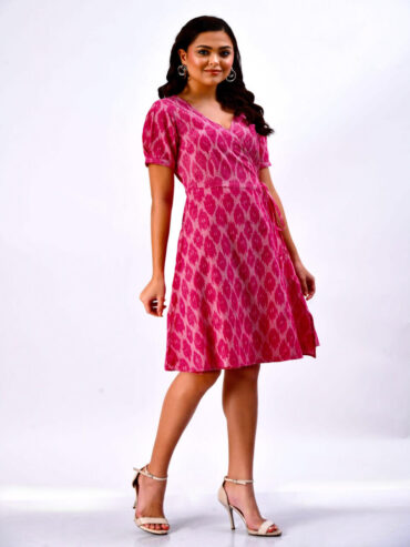 Sustainable Indian handloom wrap dress for women, pink Ikat ethnic wear