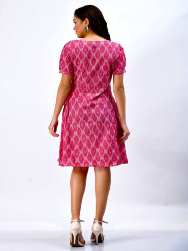 Back view of Indian handloom Ikat dress for women in pink, eco-friendly slow fashion apparel
