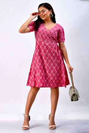 Indian handloom Ikat wrap dress for women in pink, sustainable handcrafted ethnic wear