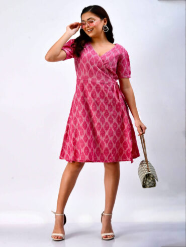 Indian handloom Ikat wrap dress for women in pink, sustainable handcrafted ethnic wear