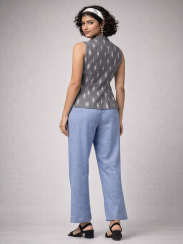 Back view of handloom Ikat co-ord set showing rear fit