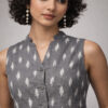 Close-up neckline detail of grey Ikat handloom top