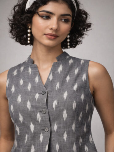 Close-up neckline detail of grey Ikat handloom top