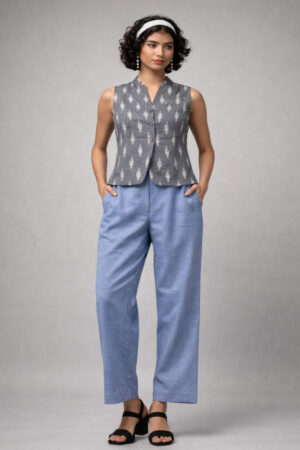Handloom grey and white Ikat co-ord set with blue trousers on model