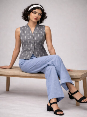 Handloom Ikat co-ord set seated look with blue trousers